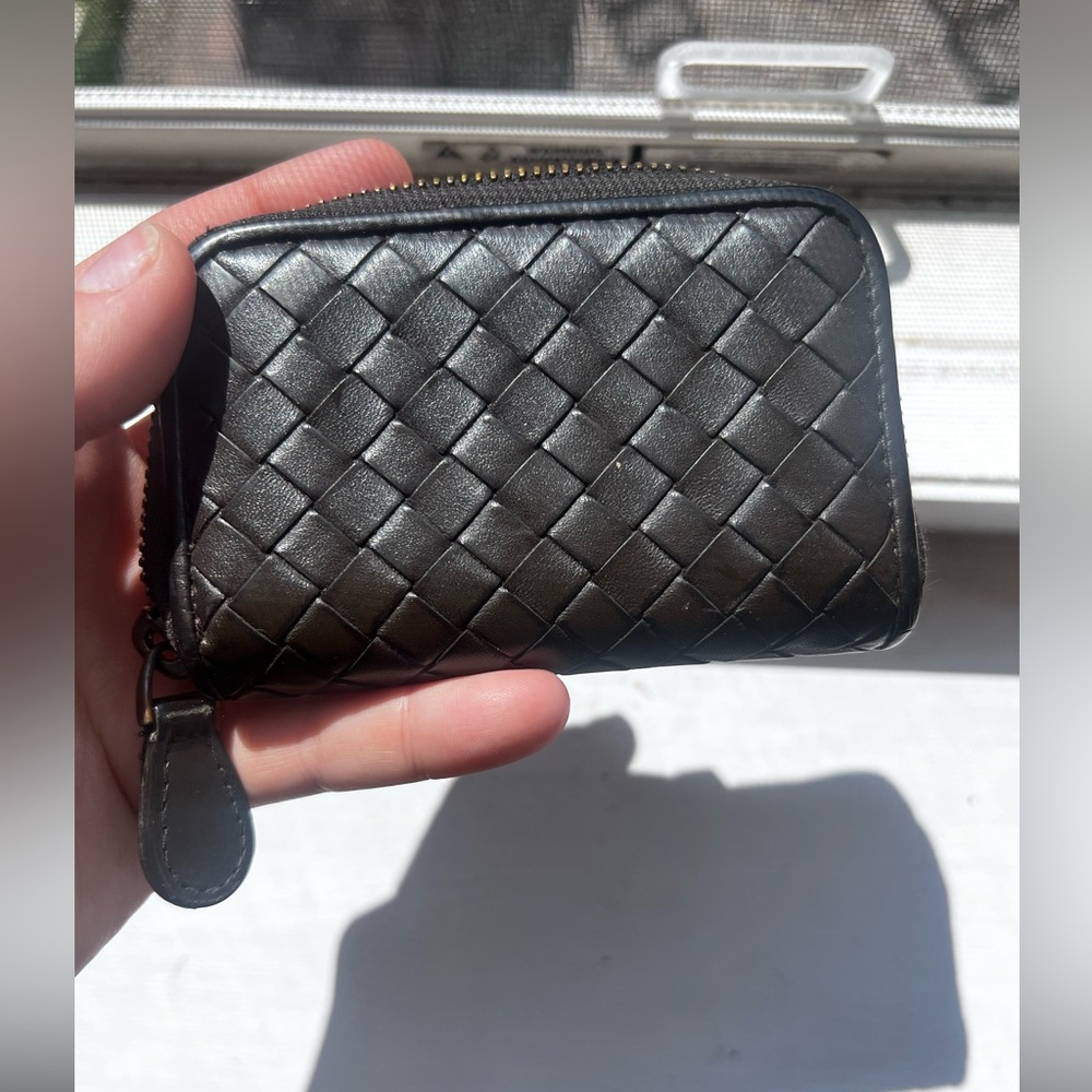 Bottega Veneta Black Woven Leather Zip Card Wallet